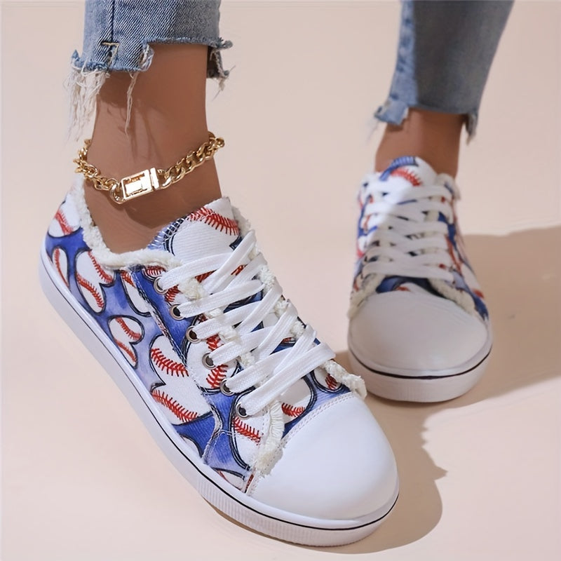 Women's Baseball Canvas Sneakers Round Toe Lace Up Flat Shoes