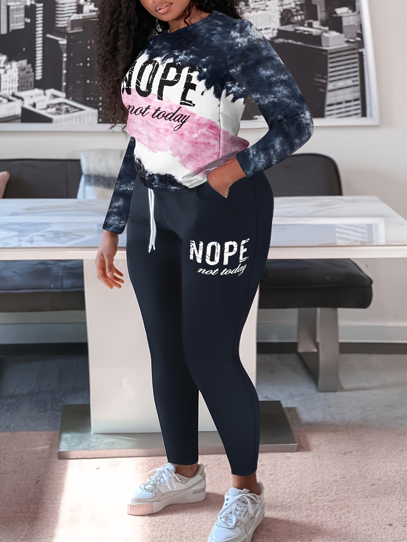 Women's Plus Tie Dye & Slogan Print Long Sleeve Tee & Drawstring Leggings Set