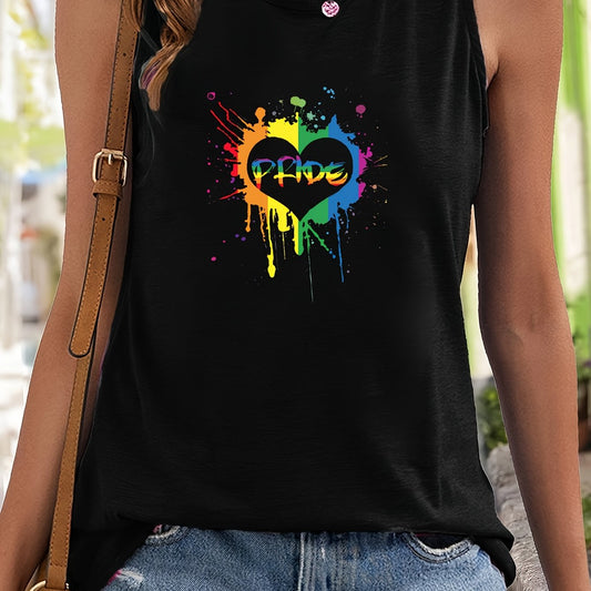 Heart Print Sleeveless Sports Vest Round Neck Stretchy Casual Tops for Women