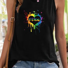 Heart Print Sleeveless Sports Vest Round Neck Stretchy Casual Tops for Women