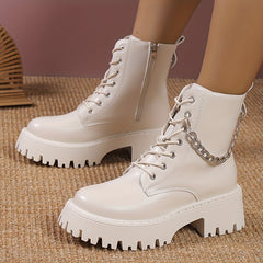 Women's Platform Combat Boots Chain Lace-Up Chunky Ankle Boots Zip Short Boots