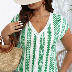 Boho Blouse Women's Tribal Print Lace Panel Short Sleeve Tee