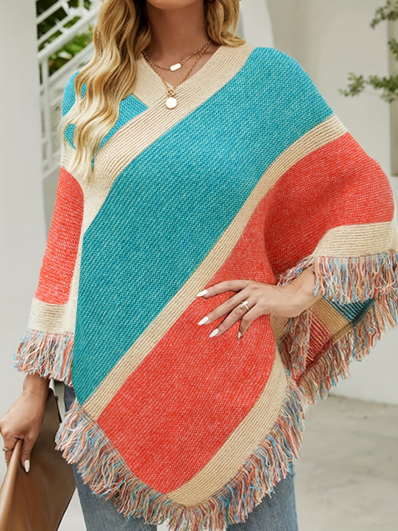 Boho Sweater Cape Sleeve Fringe Trim Shawl Jumper