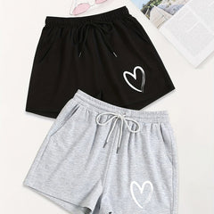 2 Pack Heart Print Drawstring Casual Shorts Women's Clothing