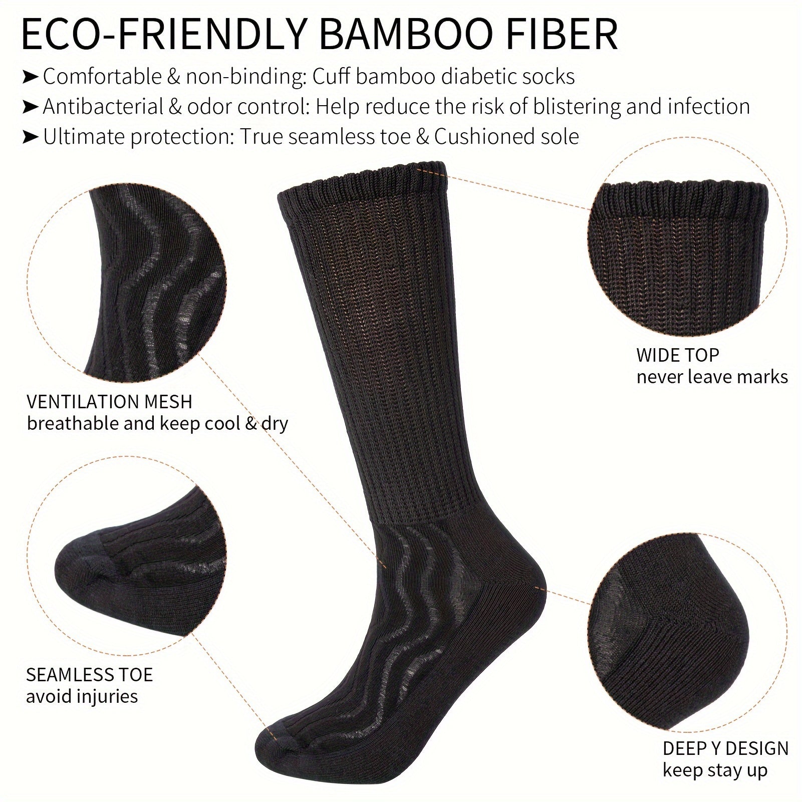 6 Pairs Bamboo Non Binding Diabetic Socks Breathable Seamless Toe Stocking