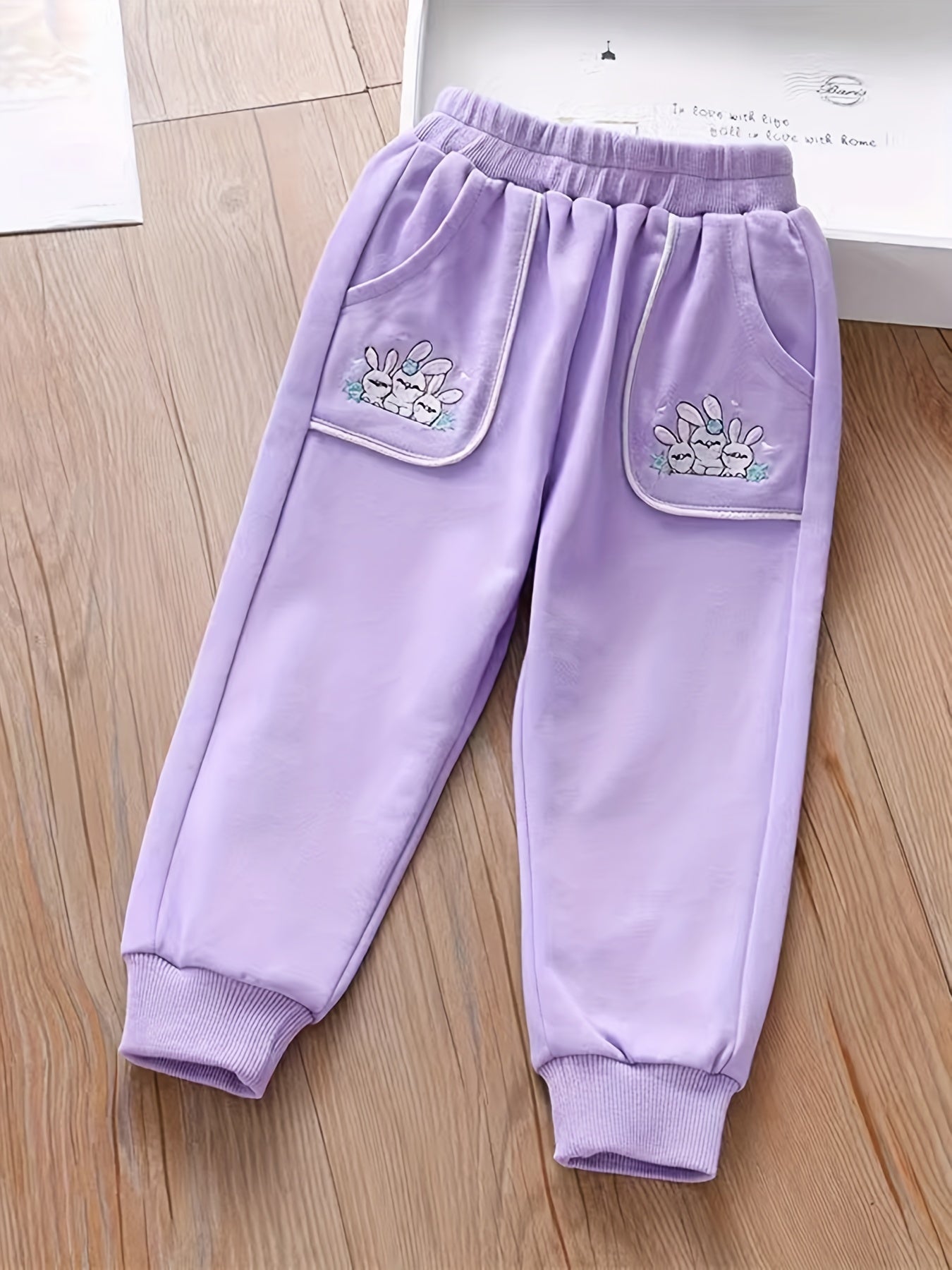 Girls Bunny Embroidered Jogger Pants for Spring Fall