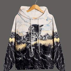 Cat Print Hooded Sweatshirt Women's Sporty Sweatshirts