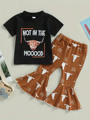 Girls Cow Print T shirt & Flared Pants Set For Summer