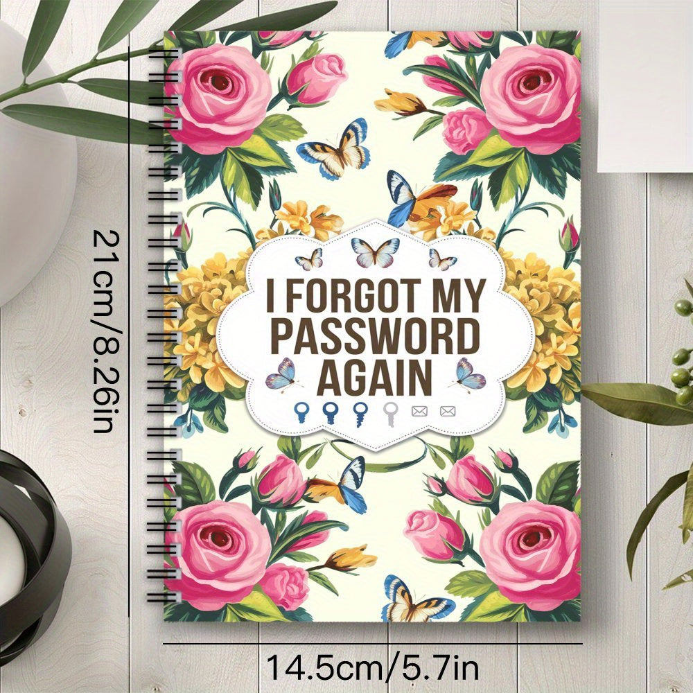 Floral Spiral Password Notebook, 70 Pages, Colorful Flowers & Butterflies