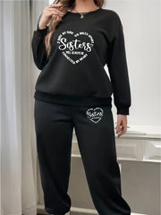 Women's Plus Heart & Slogan Print Fleece Sweatshirt & Jogger Set