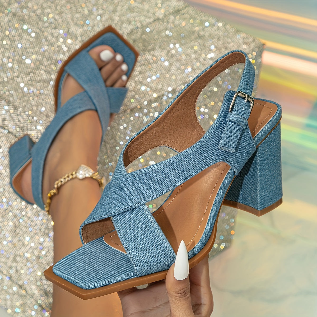 Women's Denim Heeled Sandals Square Open Toe Slingback Sandals
