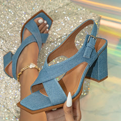 Women's Denim Heeled Sandals Square Open Toe Slingback Sandals