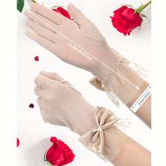 Women's Lace Gloves with Bow Detail Sheer Short Mitten for Formal Events