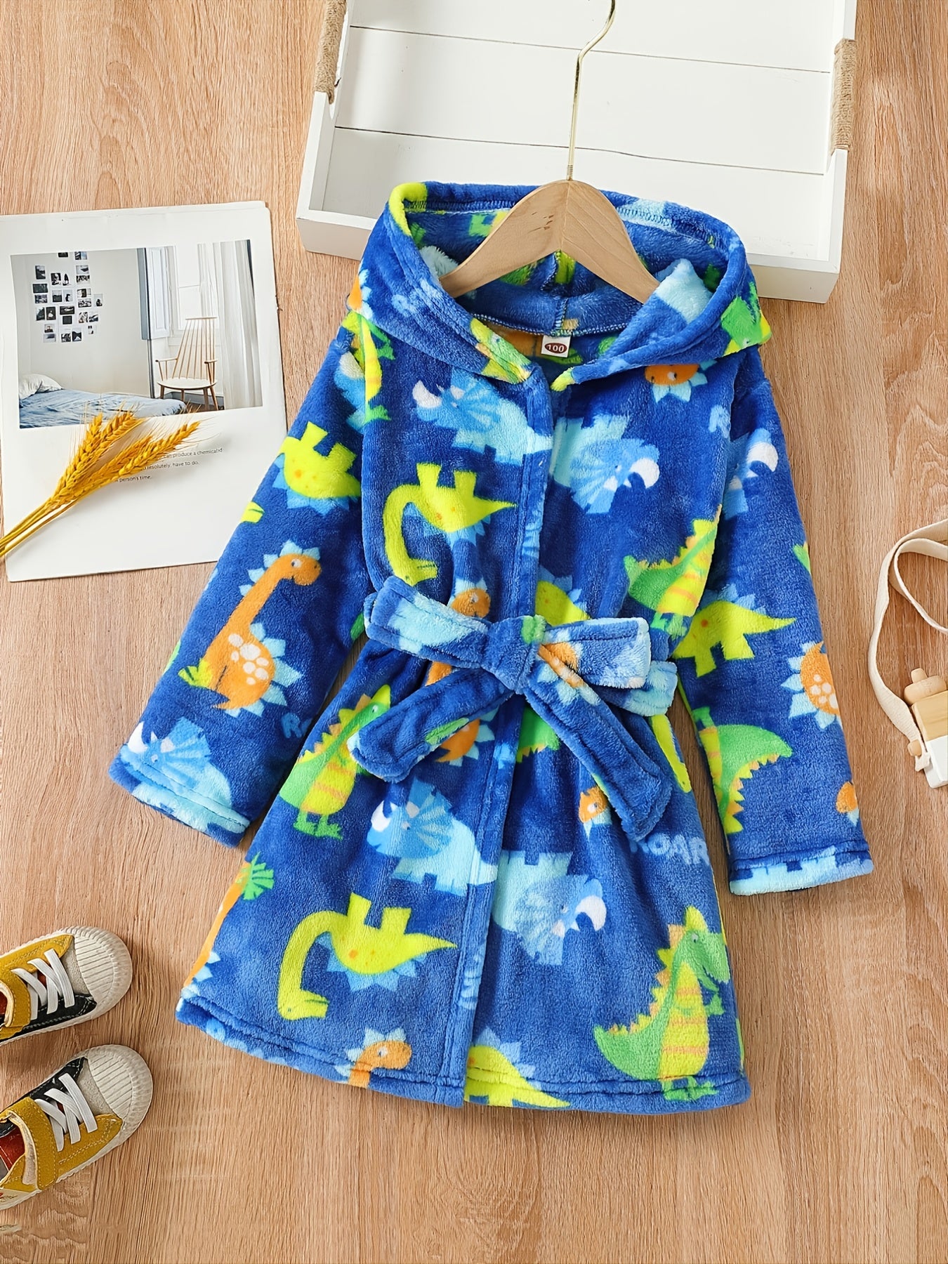 Boys Dino Pattern Flannel Bathrobe