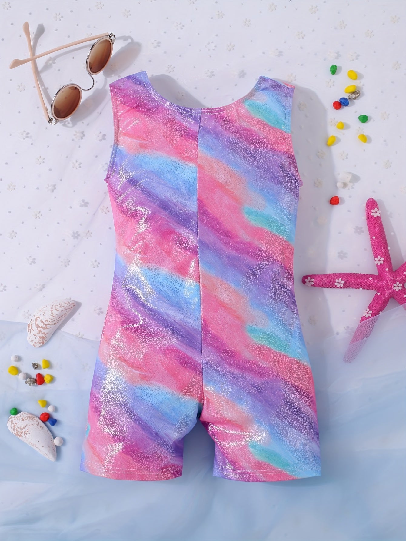 Girls Multicolor Graphic Swimsuit Romper Sleeveless Gymnastics Dance Bike
