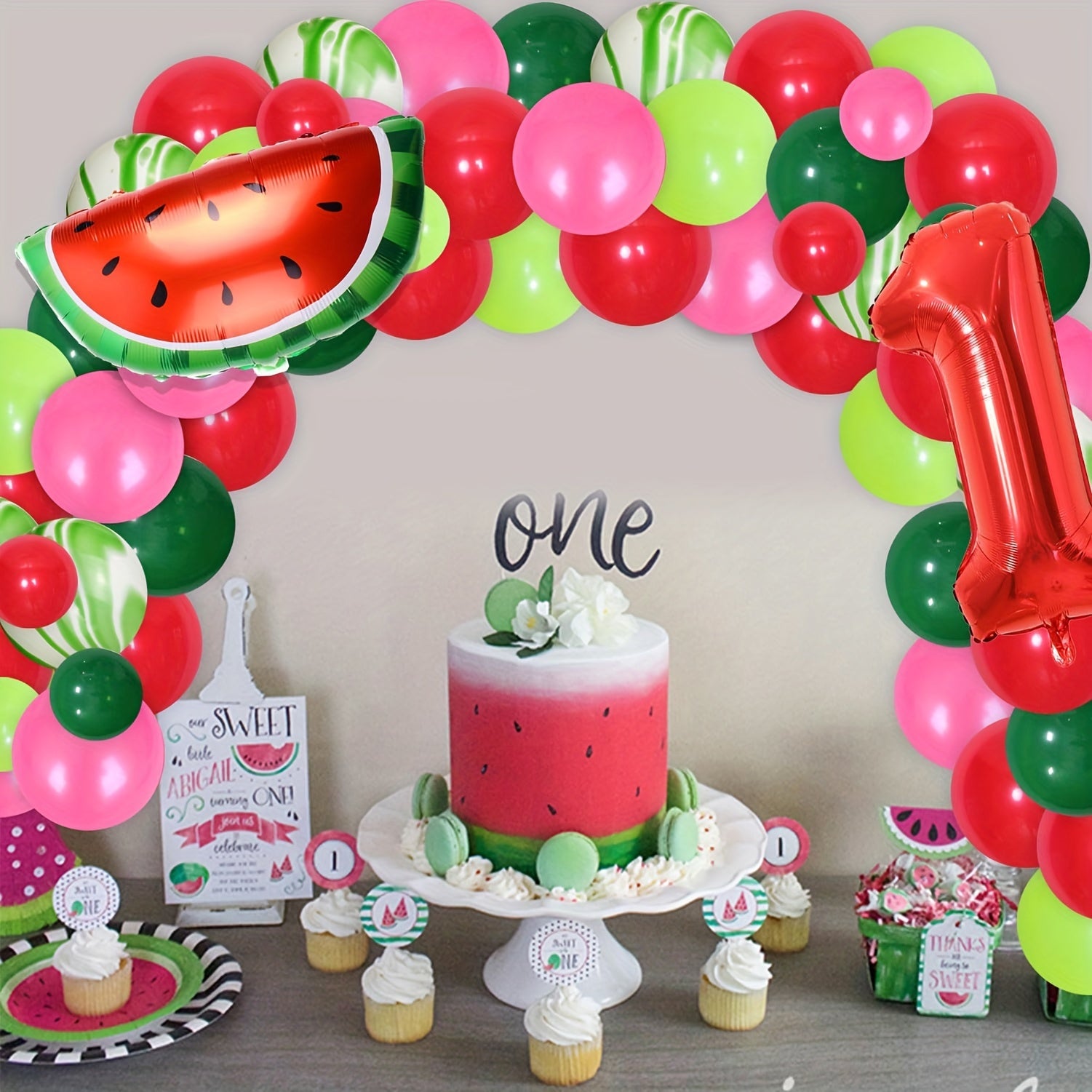 Watermelon Theme Birthday Decorations + Number 1 Foil Balloons