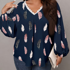 Feather Print Lantern Sleeve V Neck Casual Blouse