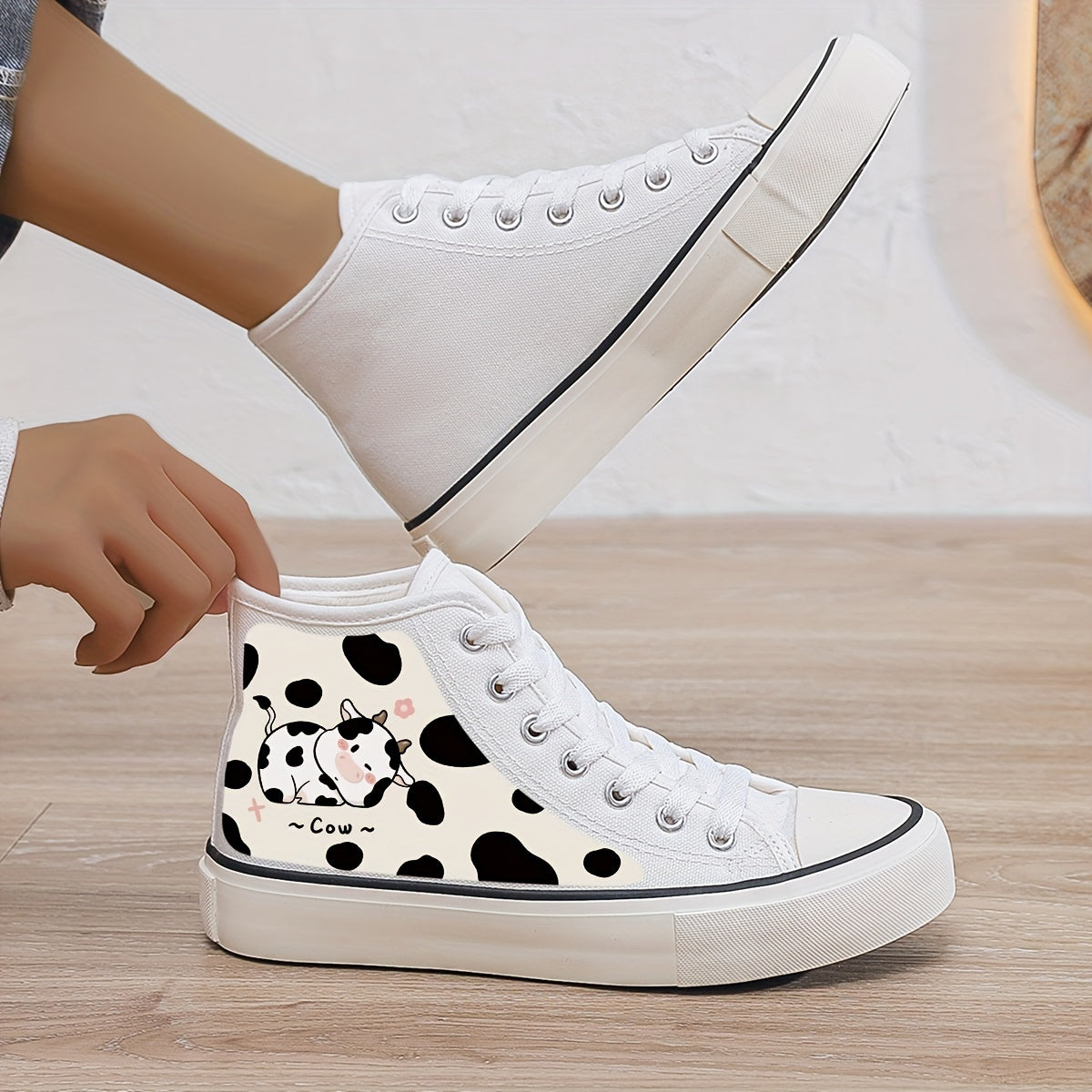Cow Print Plush Lined Chunky Canvas Sneakers