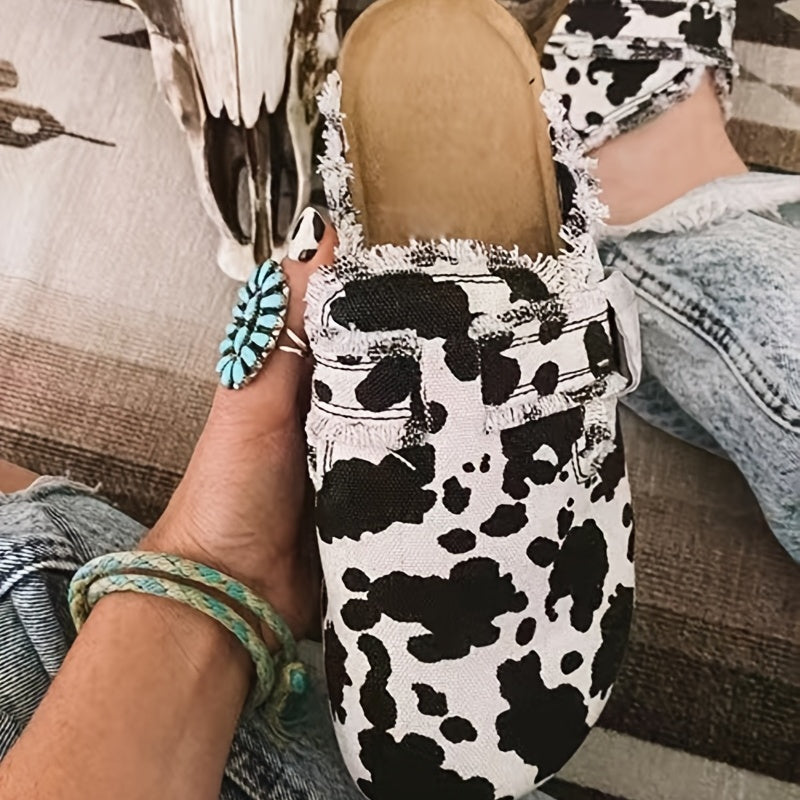 Women's Cow Print Mules Buckle Strap Flat Clogs
