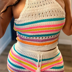 Striped Print Two piece Set Y2K Halter Top & Shorts