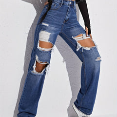High Waist Ripped Straight Jeans Distressed Loose Fit Baggy Denim Pants