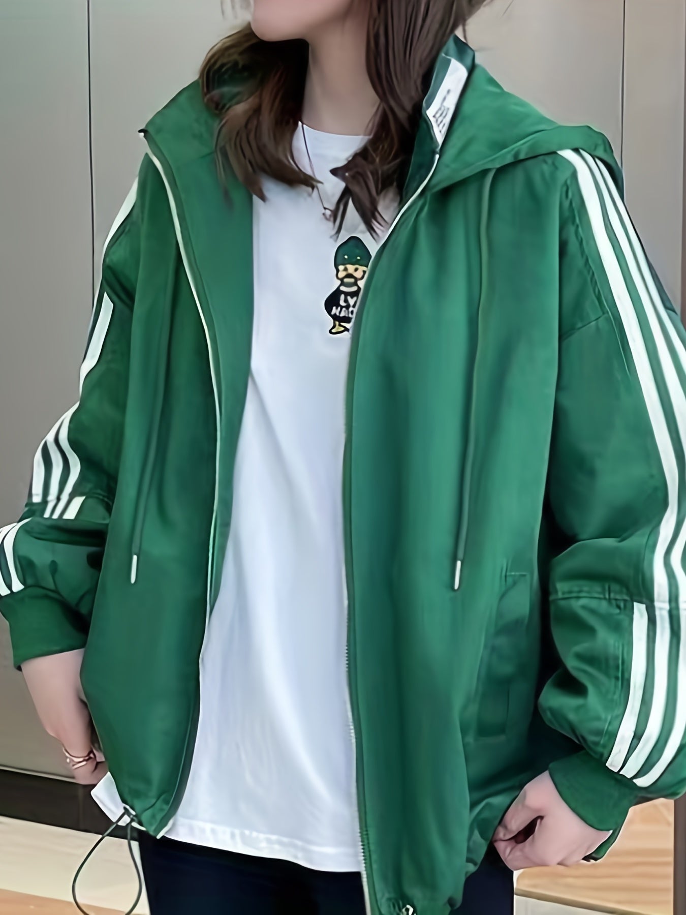 Striped Print Zip Up Jacket Casual Drawstring Hooded Jacket