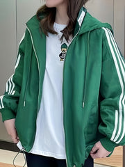 Striped Print Zip Up Jacket Casual Drawstring Hooded Jacket