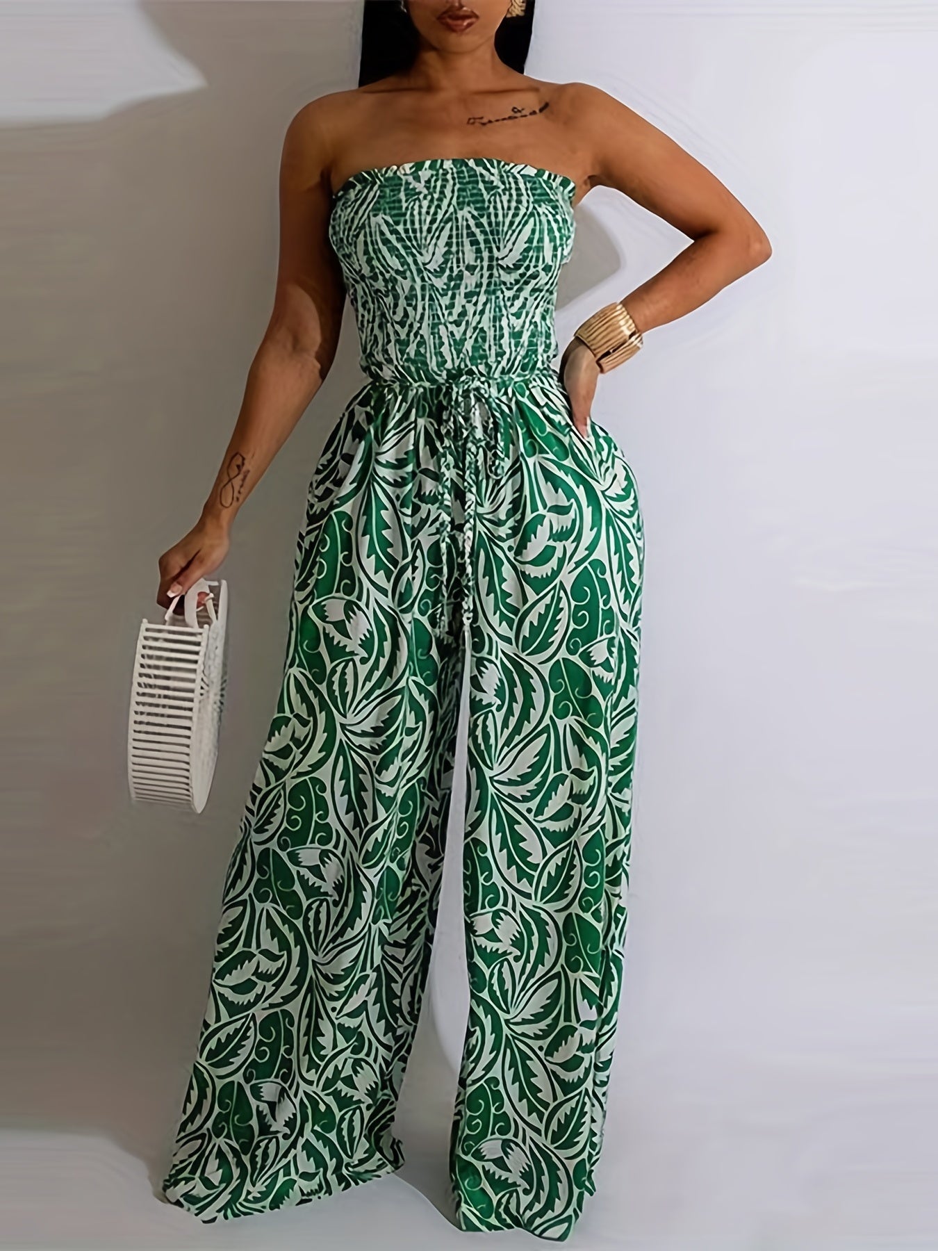 Print Shirred Wide Leg Jumpsuit Off Shoulder Sleeveless Jumpsuit