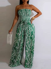 Print Shirred Wide Leg Jumpsuit Off Shoulder Sleeveless Jumpsuit