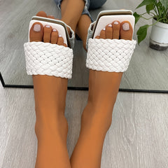 Women's Braided Flat Slides Solid Square Open Toe Non Slip Slides Shoes