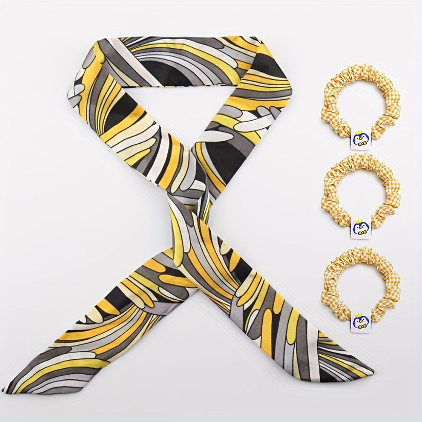 Yellow Skinny Scarf & Hair Tie Set, Plaid Print, Neckerchief Twilly Ribbon