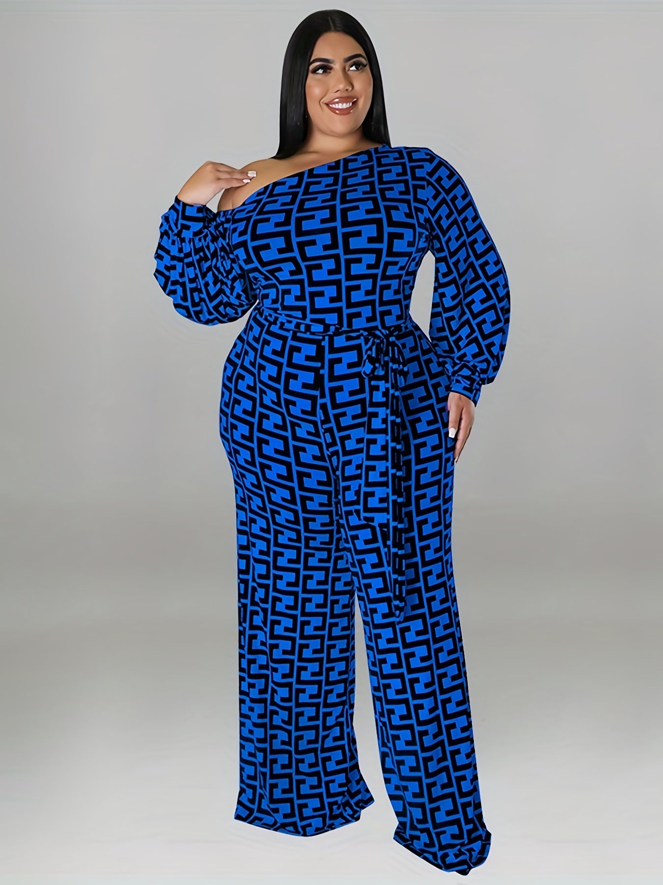 Geometric Print One Shoulder Jumpsuit With Belt