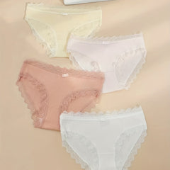 4pcs Lace Trim Ribbed Briefs Solid Panties Women's Lingerie