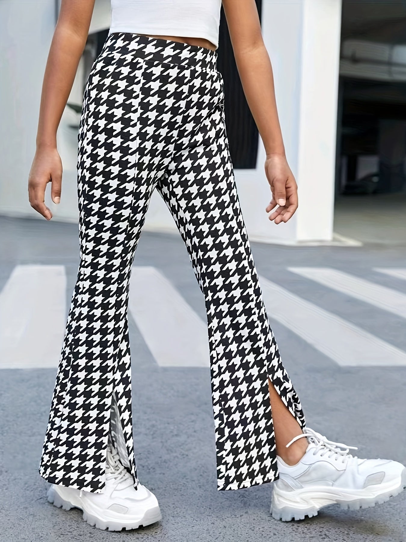 Houndstooth High Waist Side Split Pants for Streetwear