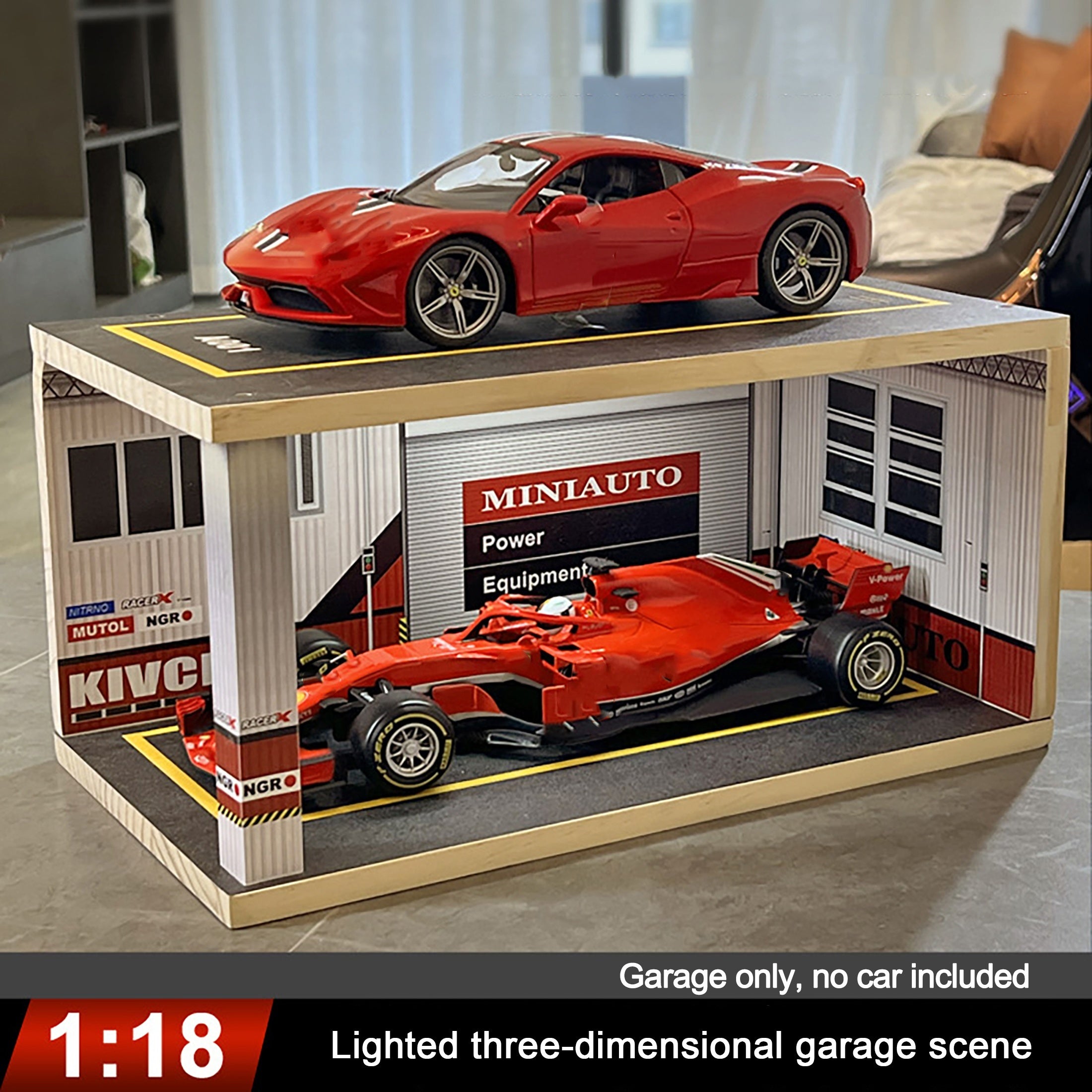 1:18 & 1:24 Solid Wood Garage w/ Lighting Alloy Car Storage Parking Lot Model