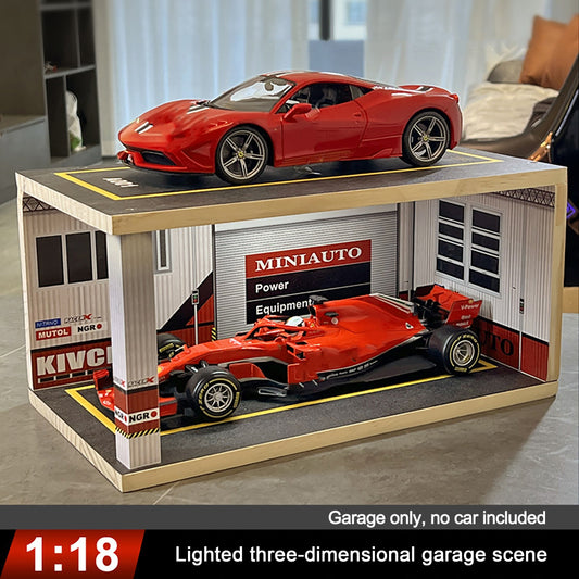 1:18 & 1:24 Solid Wood Garage w/ Lighting Alloy Car Storage Parking Lot Model