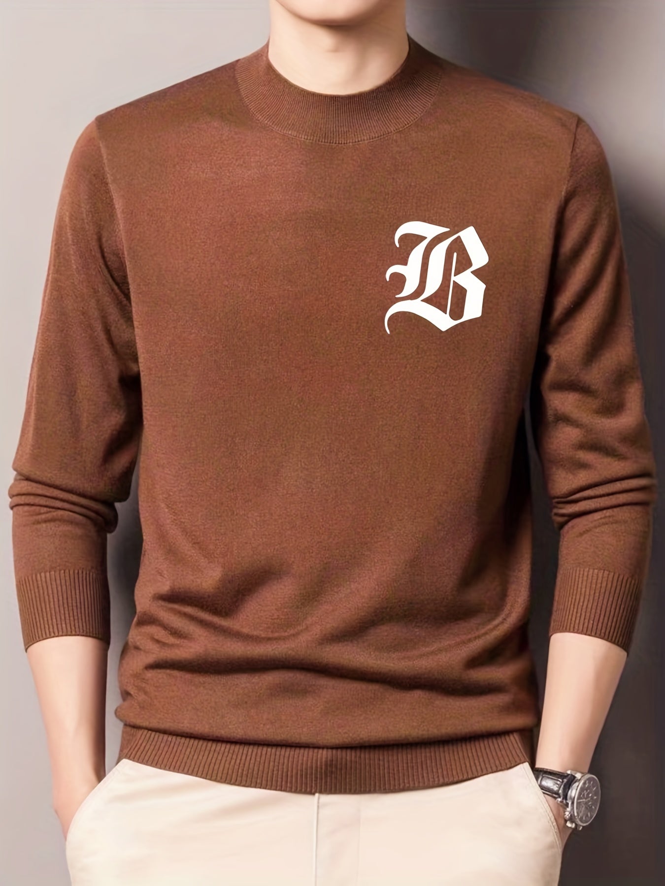 Men's Crew Neck Knitted Sweater, Warm Mid Stretch Pullover for Fall Winter
