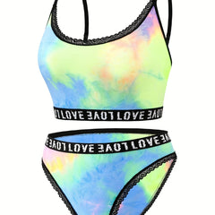 Exotic Bra & Panty Set Tie Dye Lace Trim Lingerie Two Piece Set