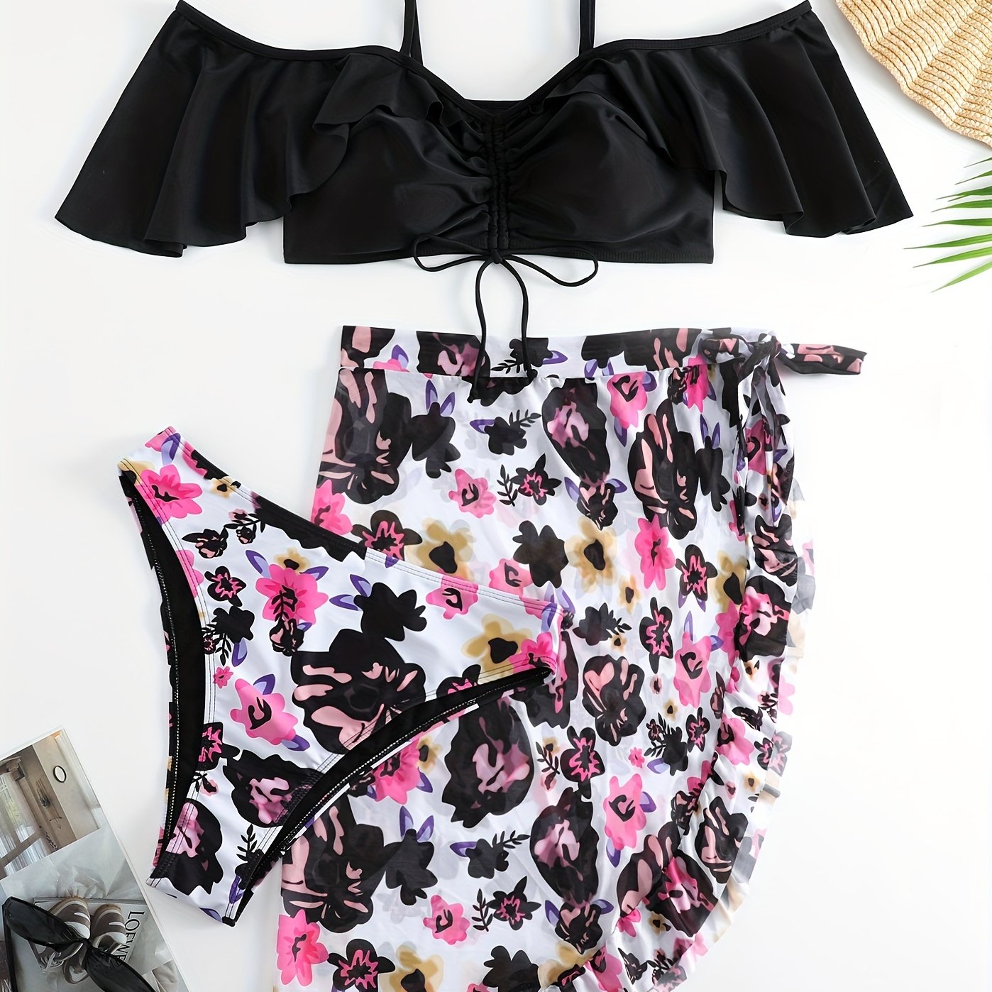 Floral Print Cold Shoulder Ruffle Trim Swimsuit Set