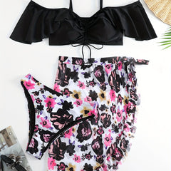 Floral Print Cold Shoulder Ruffle Trim Swimsuit Set
