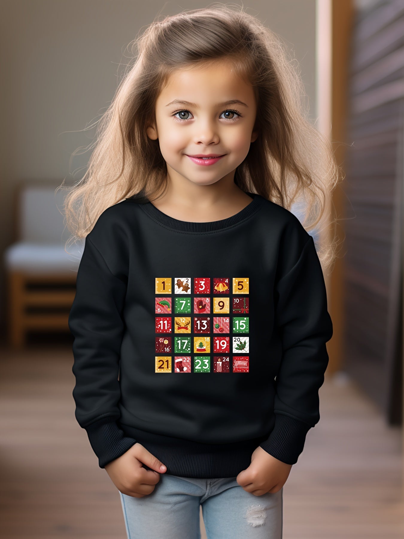 Girls Cartoon Number Pattern Crew Neck Sweatshirt