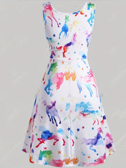 Tank Dress Ombre Horse & Star Print Round Neck A line