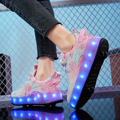 Girl's LED Roller Shoes w/ Rotating Buckle & Wheels