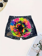 Sunflower Print Skinny Shorts for Women