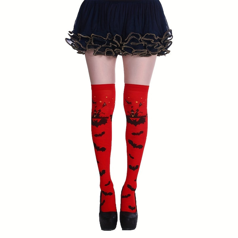 Bat Print Thigh High Socks Halloween Over The Knee Stockings