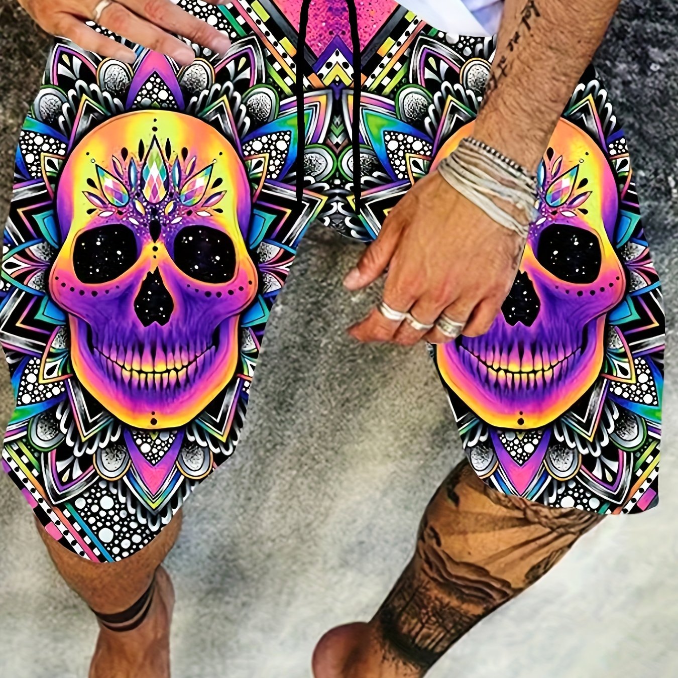 Colorful Skull Pattern Beach Shorts Men's Drawstring Shorts