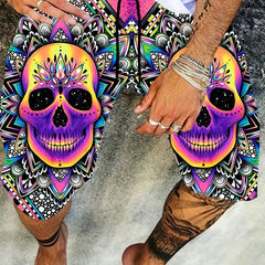 Colorful Skull Pattern Beach Shorts Men's Drawstring Shorts