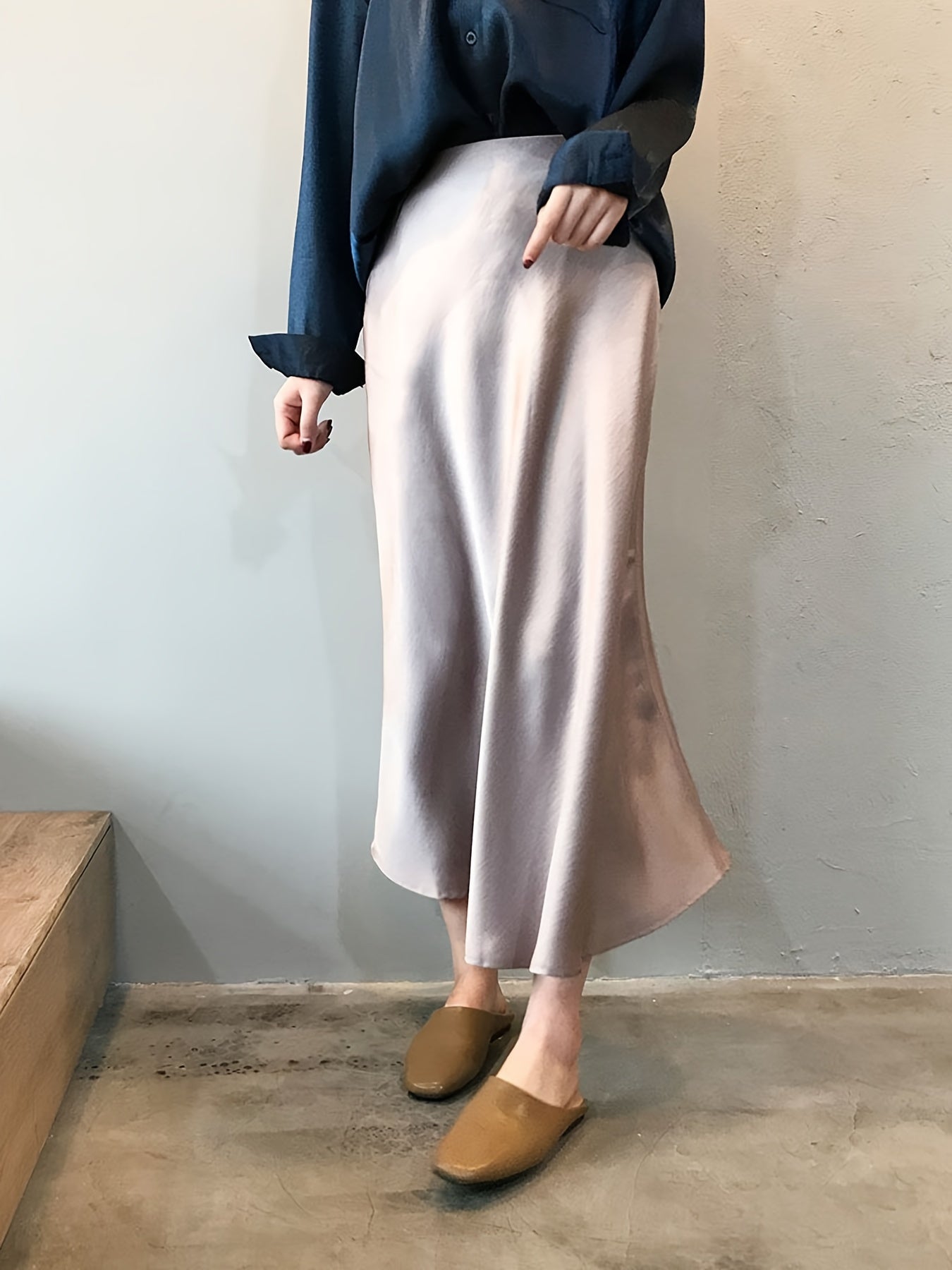 Vintage Satin Maxi Skirt High Waist Summer Casual Solid Retro Style