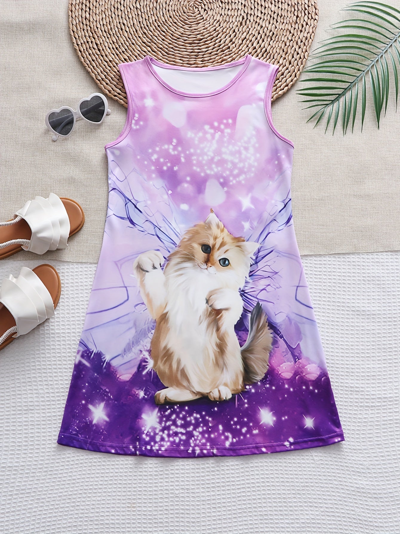 Cat Graphic Sleeveless Summer Dress for Girls