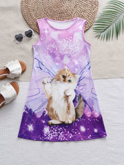 Cat Graphic Sleeveless Summer Dress for Girls